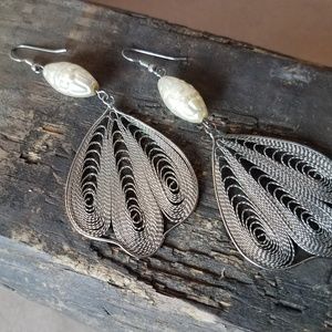 Boho silver & pearl filigree drop earrings